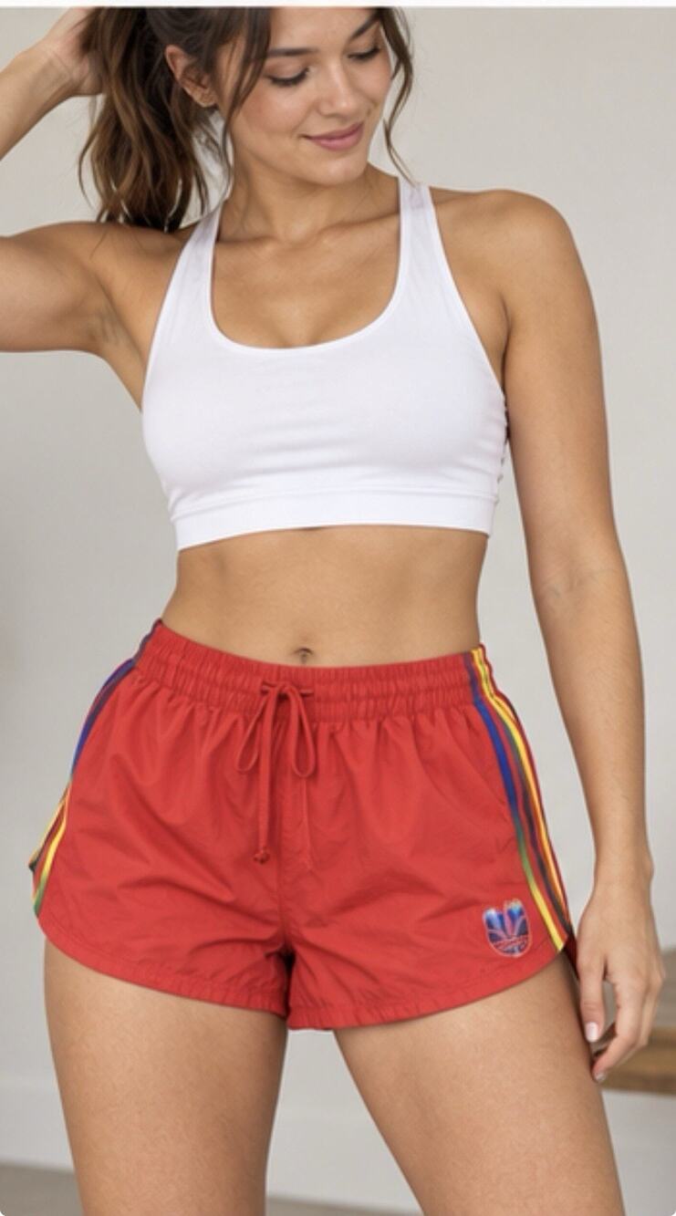 Adidas Originals Shorts Women’s Large Red Rainbow 3 Stripe Nylon Running